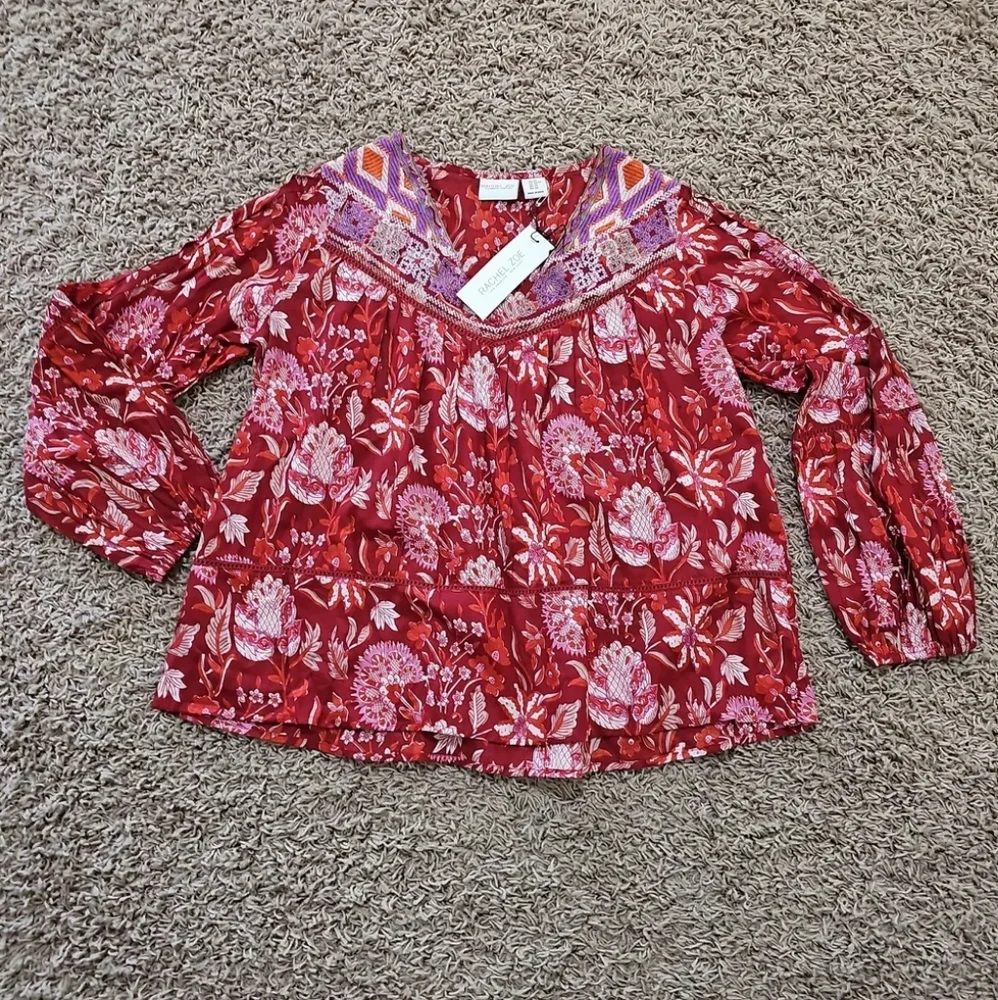 NWT Rachel Zoe Boho Red Floral Embroidered Peasant Blouse Top XS Oversized Flowy